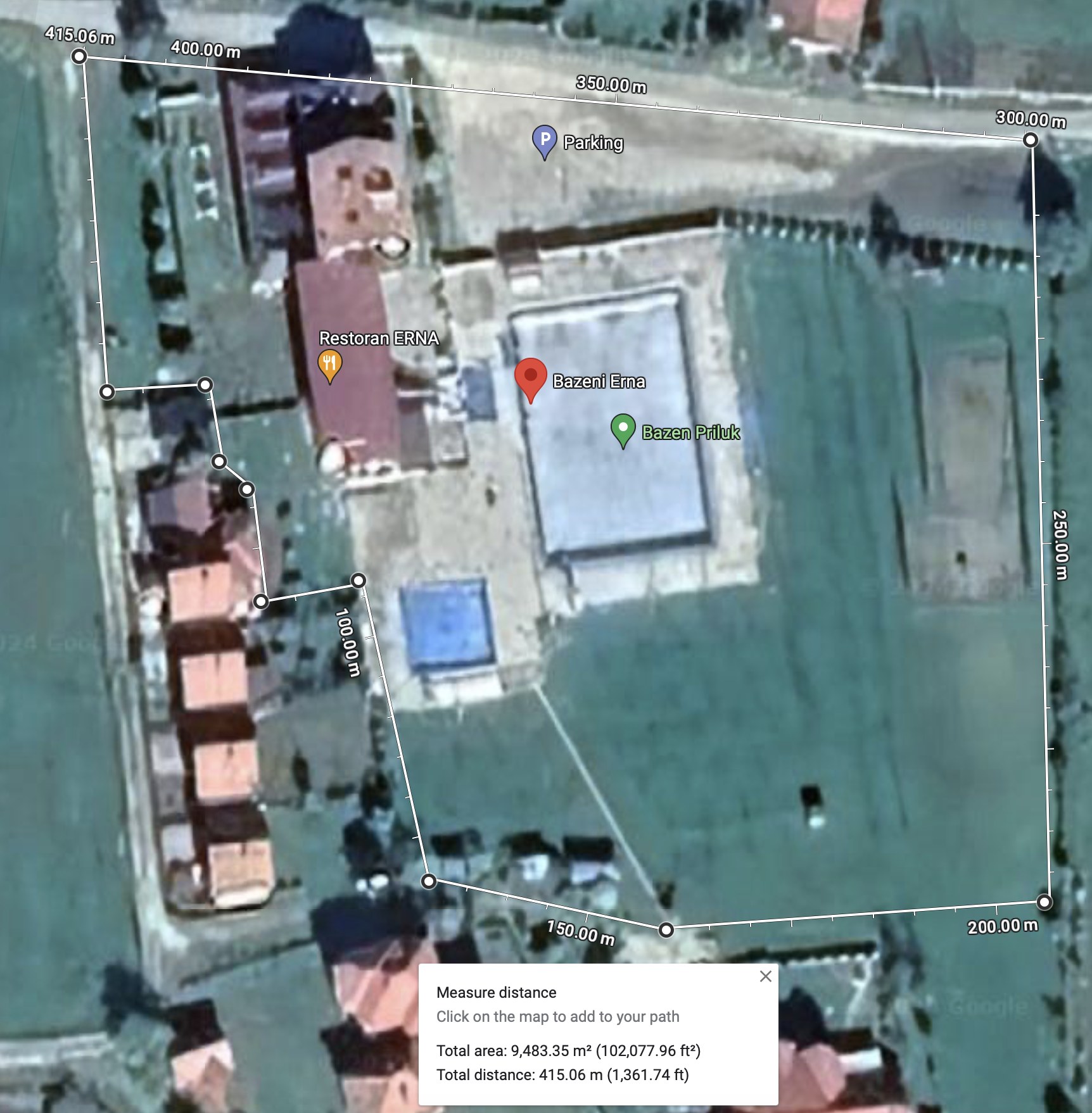 Google Maps satellite measurement screenshot showing the ERNA Resort site and total area
